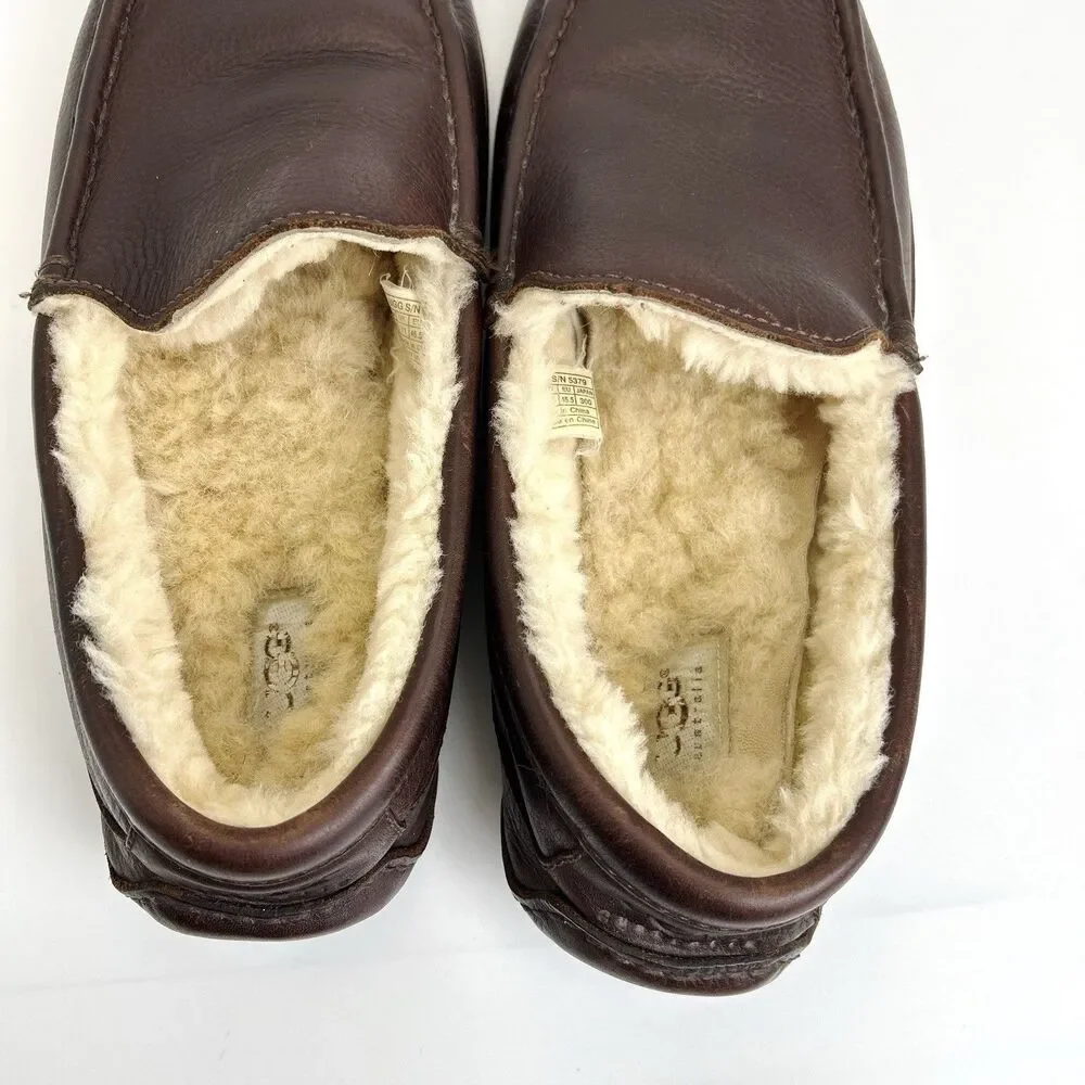 UGG Ascot Slipper Mens Size 12 Brown Full Grain Leather Genuine Sheepskin 5379